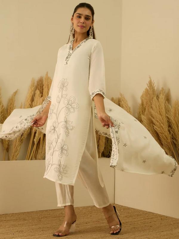 VP 9804 W Embroidered Straight Kurta Set with Trousers & Dupatta